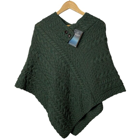 NEW Aran Woollen Mills Cable Knit Merino Wool Poncho Connermara Green Ireland - Picture 2 of 9
